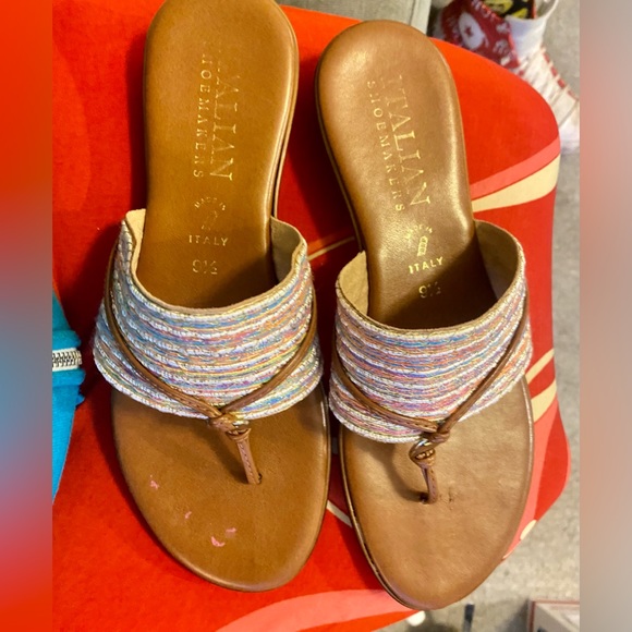 Italian Shoe Makers Soft Brown Leather Sandals Woven Metallic Rainbow Thong 9.5 - Picture 2 of 16